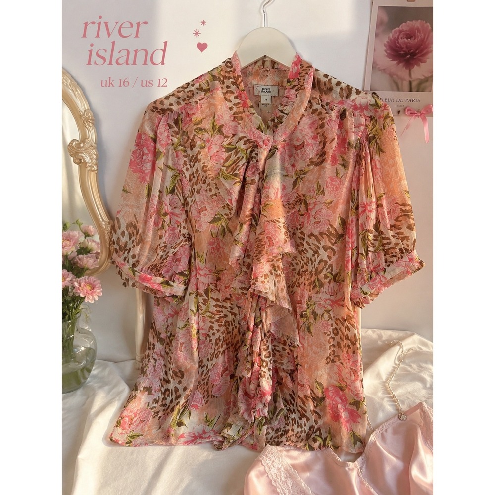 Pink Floral Leopard Ruffle Tie Boho Coquette Blouse Size 12 Indie Sleaze Revival